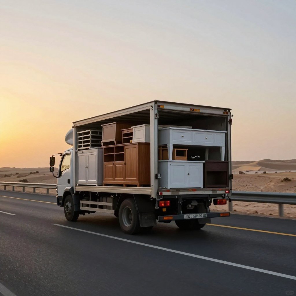 شاحنة نقل أثاث تسير على الطريق بين الرياض وجدة شاحنة نقل أثاث تسير على الطريق بين الرياض وجدة