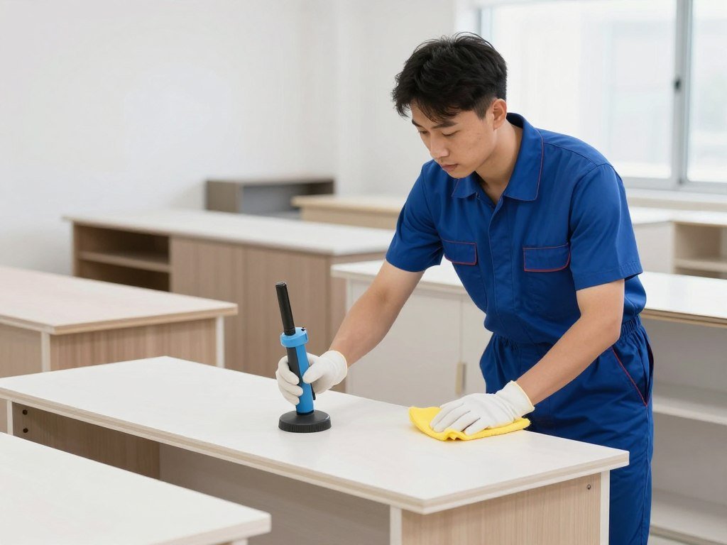 عامل من شركات نقل الأثاث يقوم بتنظيف قطع أثاث قبل تغليفها عامل من شركات نقل الأثاث يقوم بتنظيف قطع أثاث قبل تغليفها