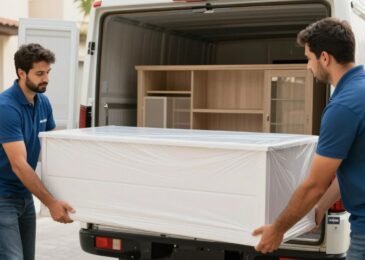 عمال محترفون من شركات نقل الأثاث يقومون بتغليف ونقل أثاث منزلي بعناية