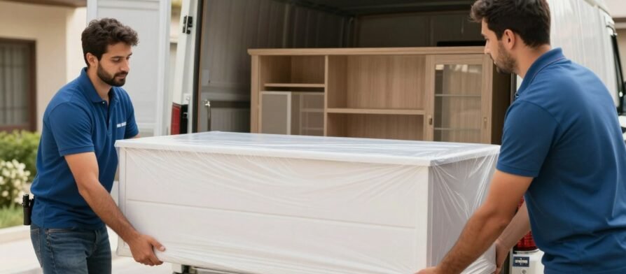 عمال محترفون من شركات نقل الأثاث يقومون بتغليف ونقل أثاث منزلي بعناية