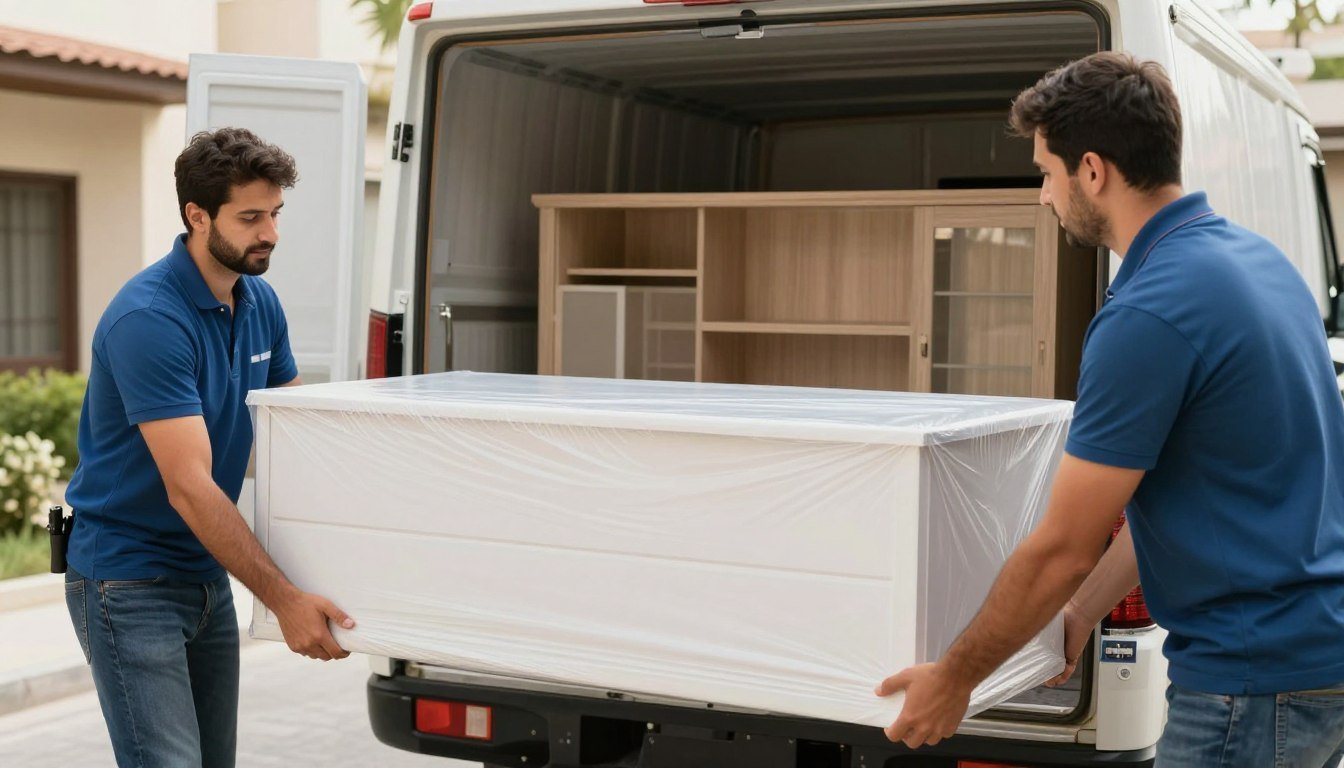 عمال محترفون من شركات نقل الأثاث يقومون بتغليف ونقل أثاث منزلي بعناية