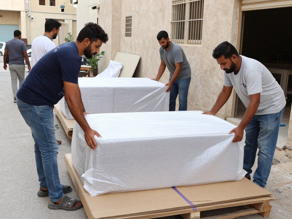 عمال نقل عفش حي مشرفة جدة يقومون بتغليف الأثاث بعناية