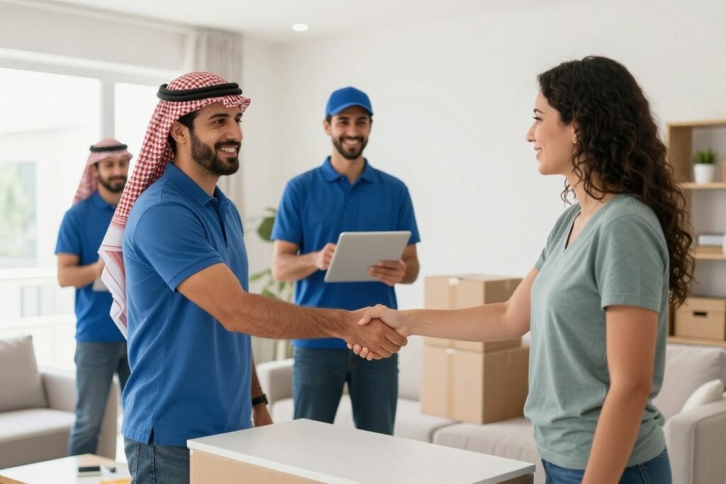 عميل سعيد بخدمات نقل اثاث منازل يتحدث مع مدير الفريق عميل سعيد بخدمات نقل اثاث منازل يتحدث مع مدير الفريق