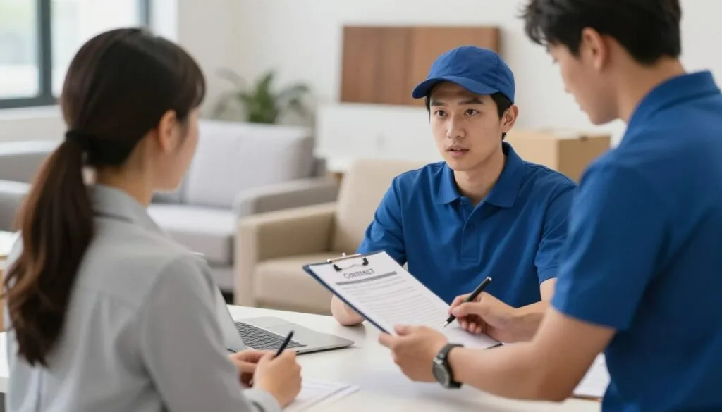 عميل يتحدث مع ممثل إحدى شركات نقل الأثاث ويراجع عقد الخدمة