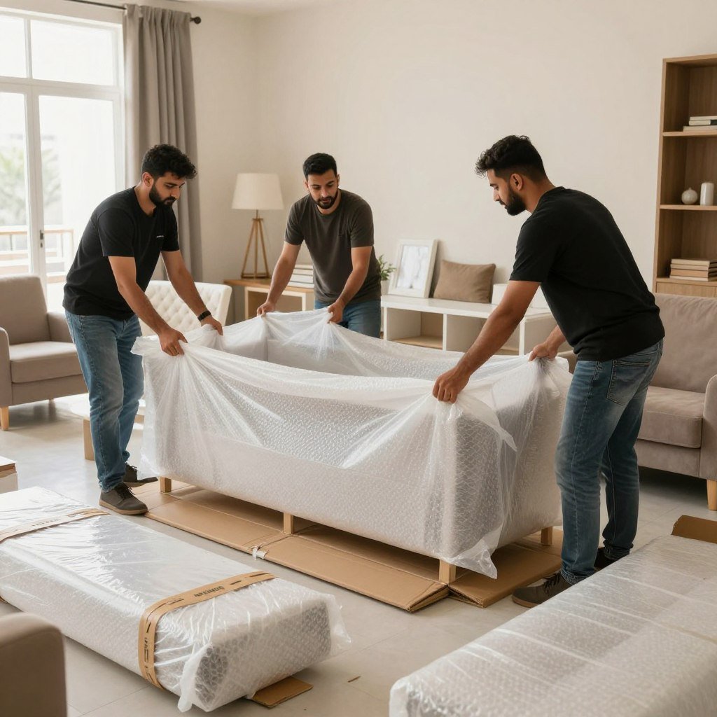 فريق تغليف الأثاث في حي مشرفة جدة يستخدم مواد تغليف عالية الجودة