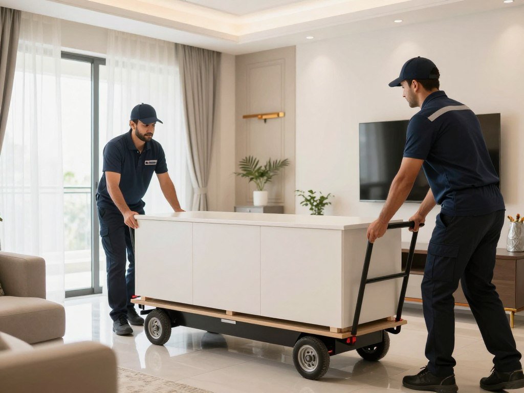 فريق عمل محترف يستخدم معدات حديثة لنقل العفش