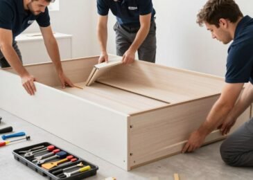 فريق متخصص في خدمات فك وتركيب الأثاث يعمل على تفكيك غرفة نوم