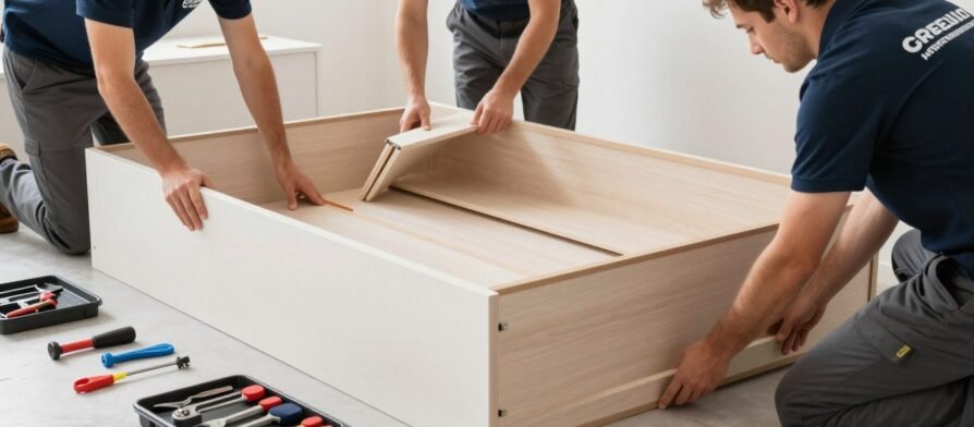 فريق متخصص في خدمات فك وتركيب الأثاث يعمل على تفكيك غرفة نوم