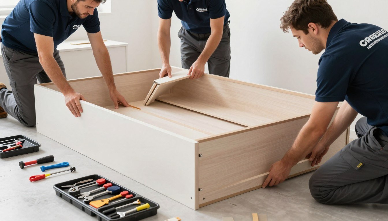 فريق متخصص في خدمات فك وتركيب الأثاث يعمل على تفكيك غرفة نوم