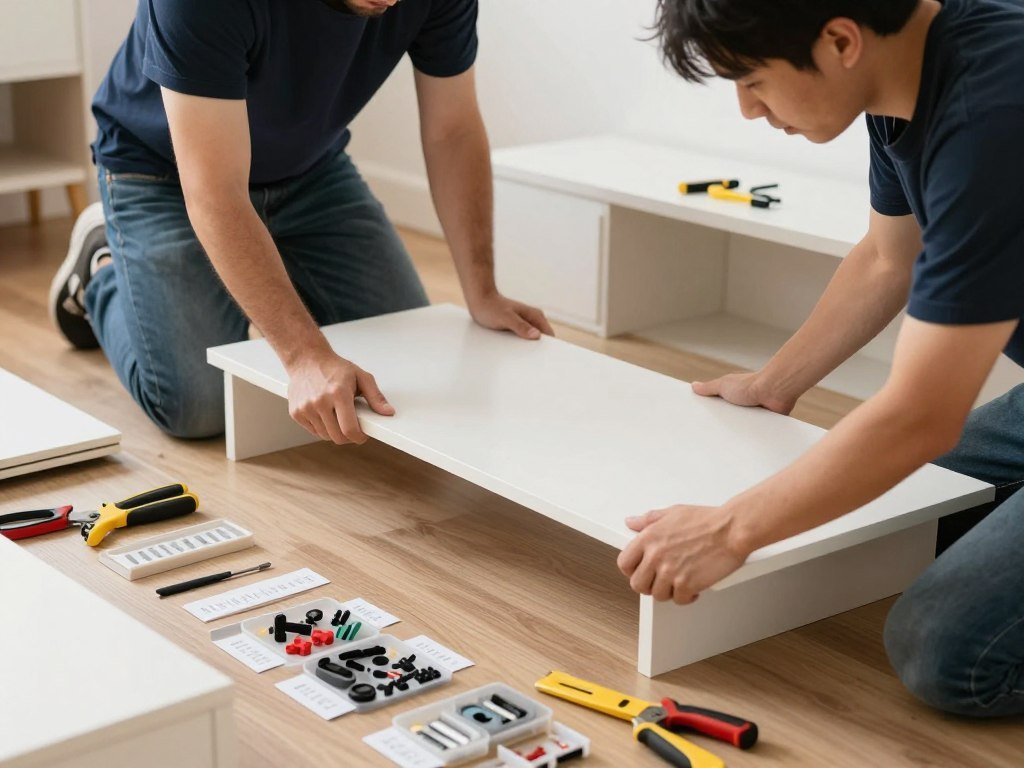 فريق متخصص في خدمات نقل أثاث يقوم بفك قطع الأثاث بعناية