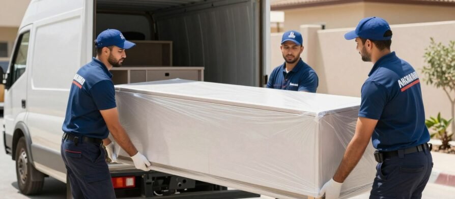 فريق متخصص في نقل أثاث بأسعار منافسة يقوم بتغليف وحمل الأثاث بعناية