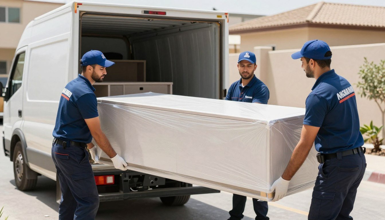 فريق متخصص في نقل أثاث بأسعار منافسة يقوم بتغليف وحمل الأثاث بعناية