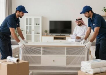 فريق متخصص في نقل اثاث منازل يقوم بتغليف وحمل الأثاث بعناية