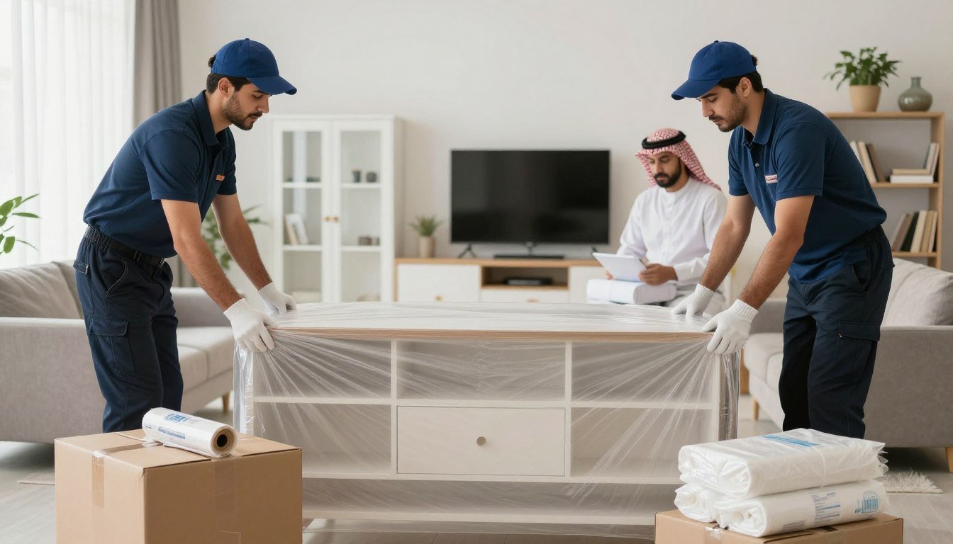فريق متخصص في نقل اثاث منازل يقوم بتغليف وحمل الأثاث بعناية