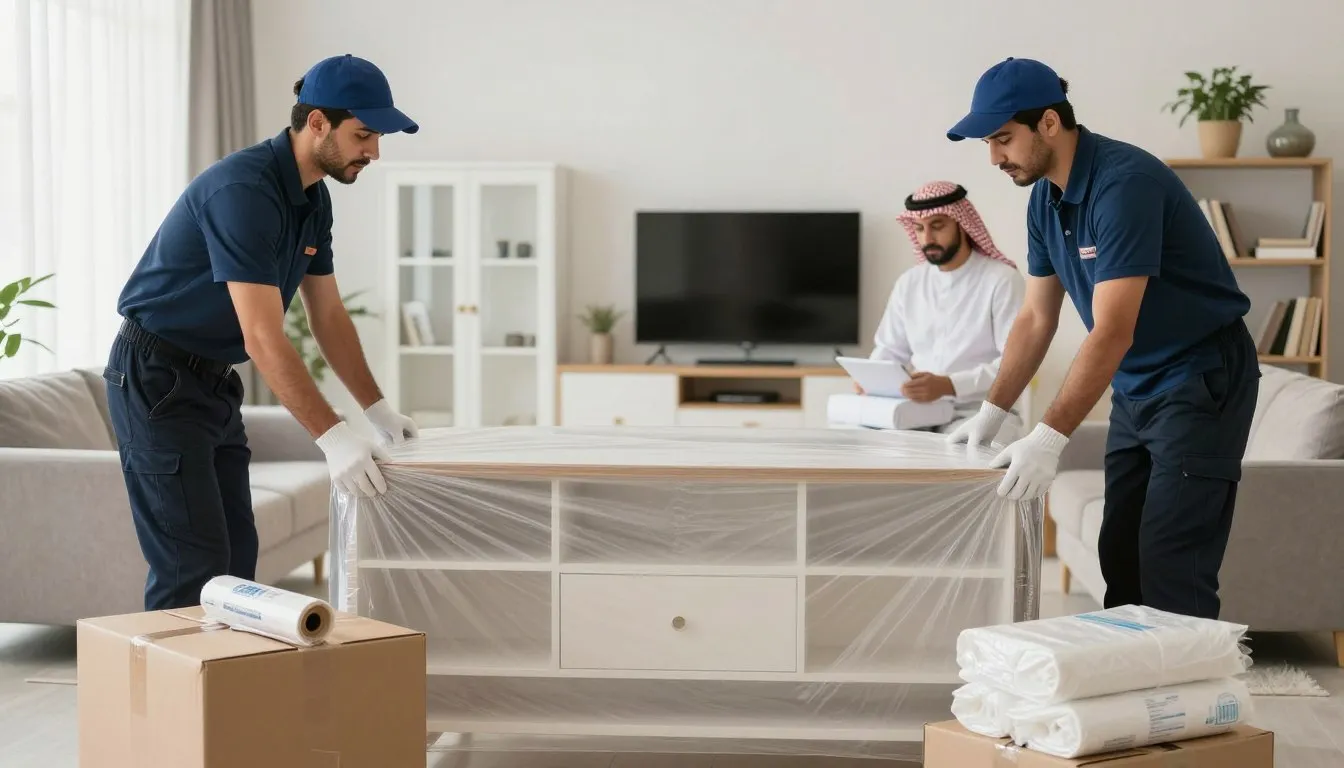 فريق متخصص في نقل اثاث منازل يقوم بتغليف وحمل الأثاث بعناية