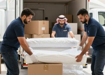 فريق متخصص من شركة نقل عفش في السعودية يقوم بتغليف ونقل الأثاث بعناية