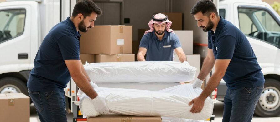 فريق متخصص من شركة نقل عفش في السعودية يقوم بتغليف ونقل الأثاث بعناية