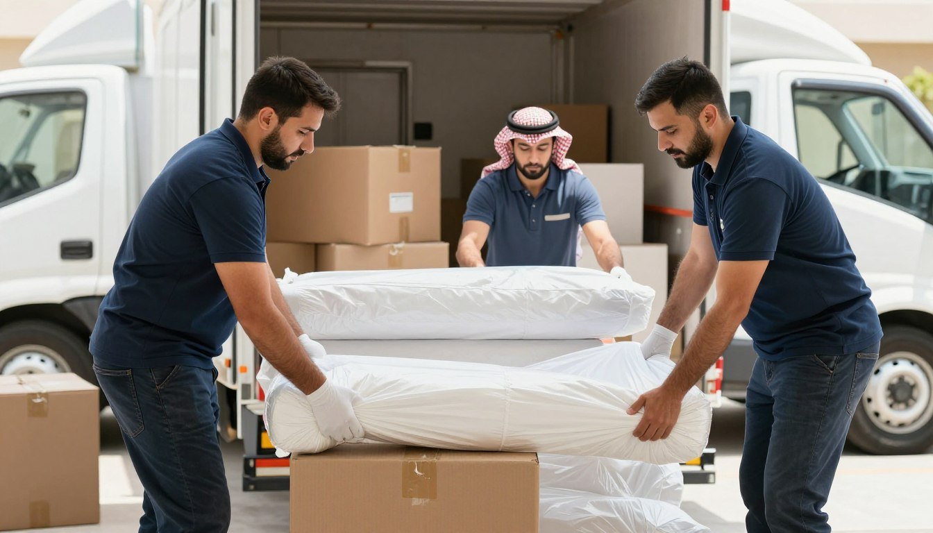 فريق متخصص من شركة نقل عفش في السعودية يقوم بتغليف ونقل الأثاث بعناية