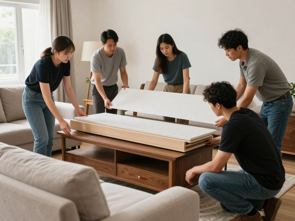 فريق متخصص يقوم بترتيب الأثاث في المنزل الجديد ضمن خدمات نقل أثاث شاملة