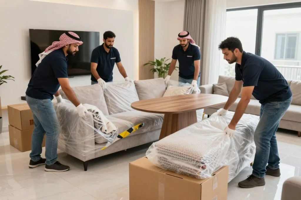 فريق متخصص يقوم بتغليف أثاث منزلي قبل نقله من الرياض إلى جدة