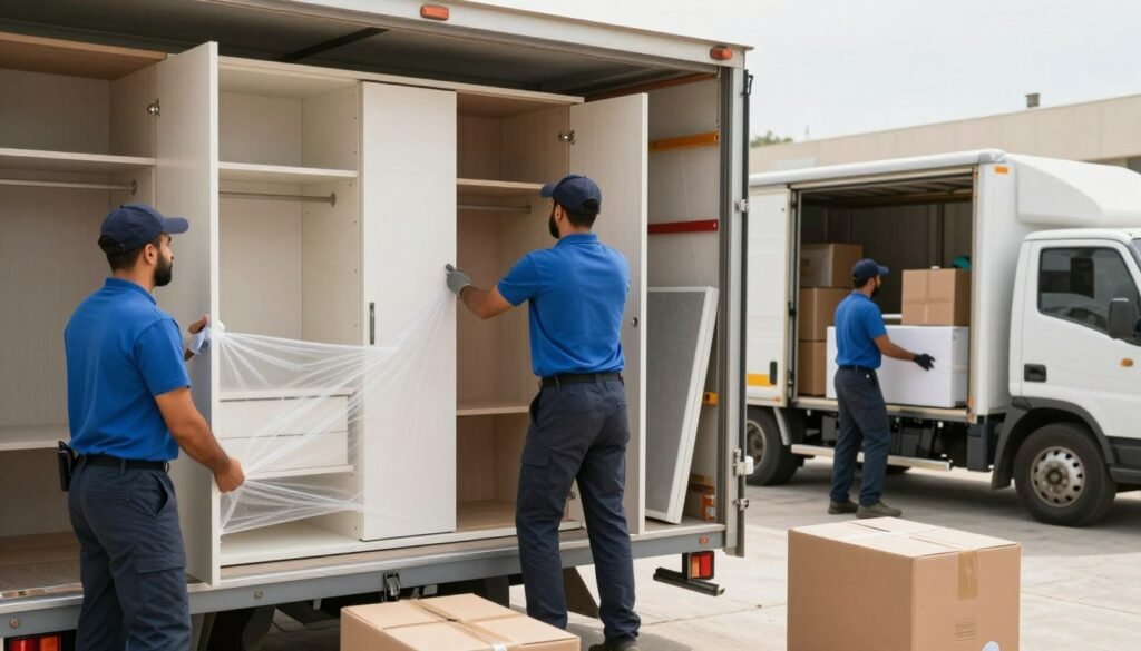 فريق متخصص يقوم بعملية نقل الأثاث بالتعبئة والتغليف فريق متخصص يقوم بعملية نقل الأثاث بالتعبئة والتغليف