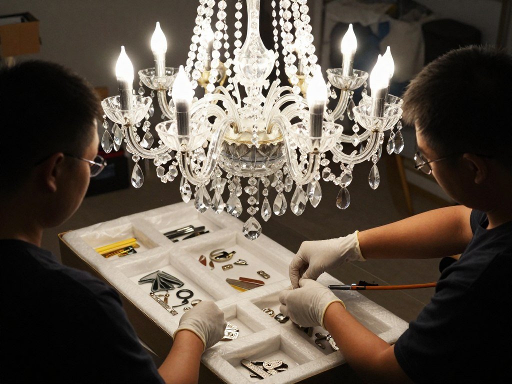 فريق متخصص يقوم بفك وتغليف ثريا كريستال فاخرة فريق متخصص يقوم بفك وتغليف ثريا كريستال فاخرة