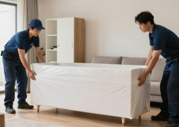 فريق محترف من خدمات نقل أثاث يقوم بتغليف ونقل الأثاث بعناية