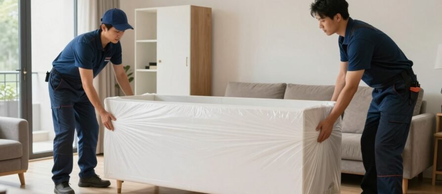 فريق محترف من خدمات نقل أثاث يقوم بتغليف ونقل الأثاث بعناية