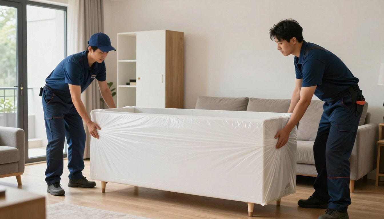 فريق محترف من خدمات نقل أثاث يقوم بتغليف ونقل الأثاث بعناية