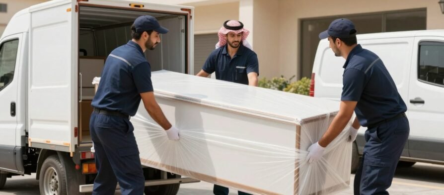 فريق محترف من شركة نقل عفش في السعودية يقوم بتغليف ونقل الأثاث بعناية