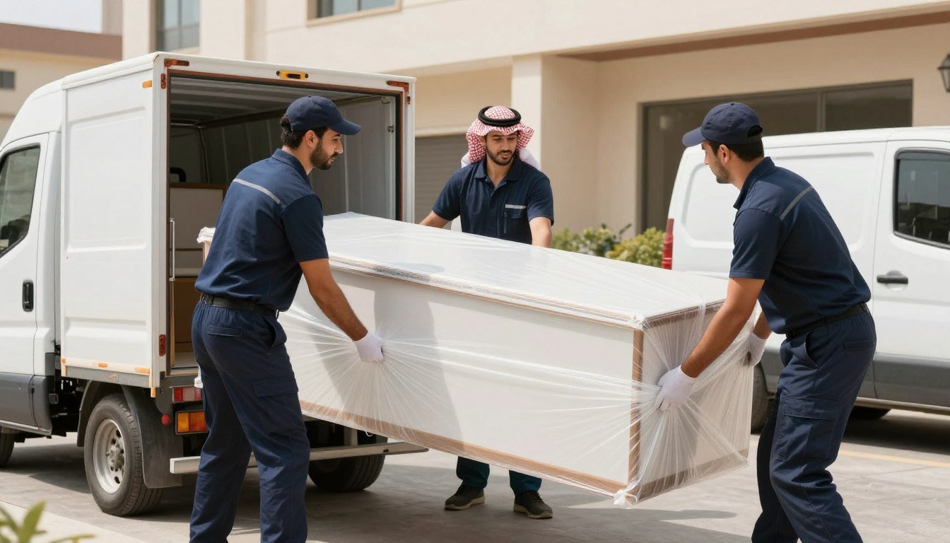 فريق محترف من شركة نقل عفش في السعودية يقوم بتغليف ونقل الأثاث بعناية