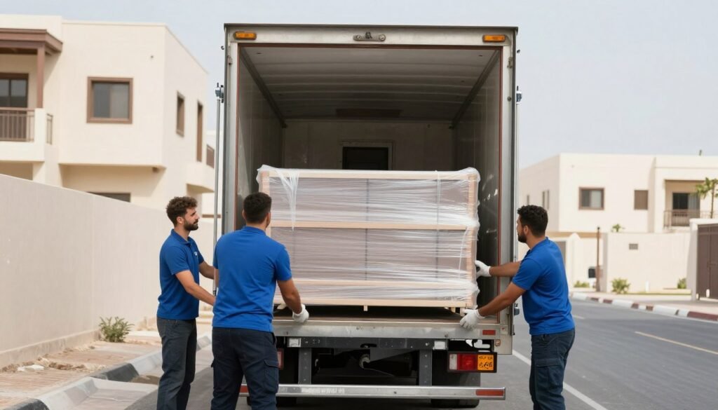 فريق نقل اثاث في الدمام يقوم بتحميل الأثاث المغلف في شاحنة نقل مخصصة فريق نقل اثاث في الدمام يقوم بتحميل الأثاث المغلف في شاحنة نقل مخصصة