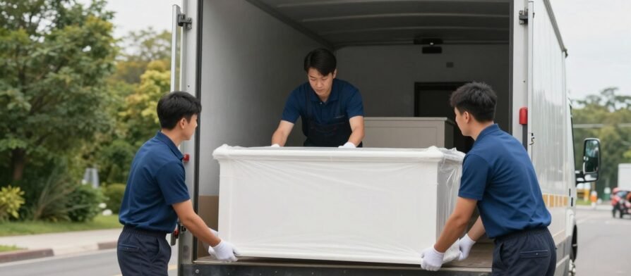 فريق نقل عفش احترافي يقوم بتغليف وتحميل الأثاث