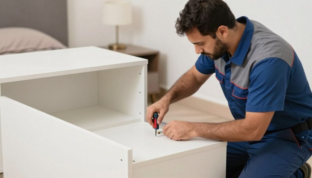 فني متخصص من شركة نقل عفش في السعودية يقوم بفك وتركيب الأثاث باحترافية