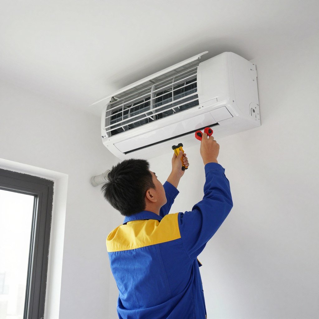 فني متخصص يقوم بتركيب مكيف سبليت