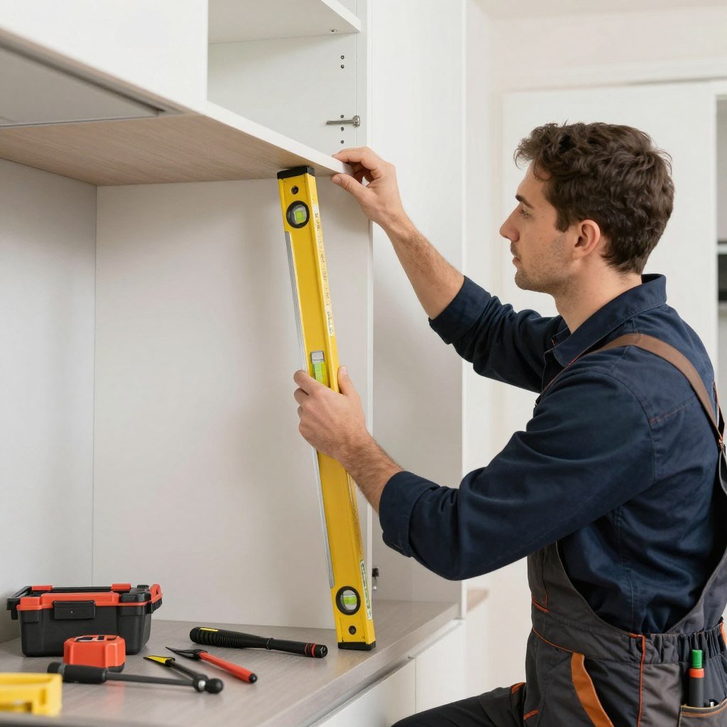 فني متخصص يقوم بتركيب وحدات المطبخ