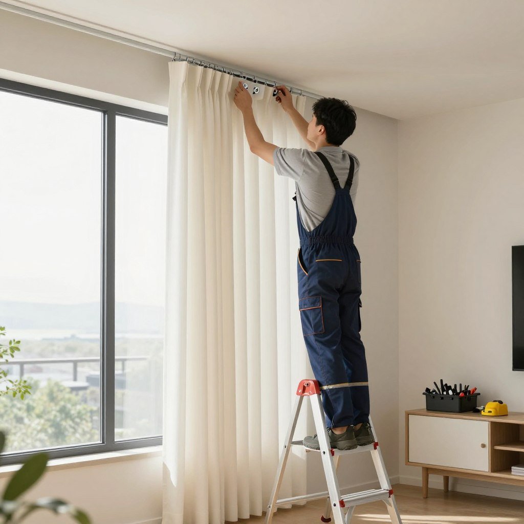 فني يقوم بتركيب ستائر في منزل حديث