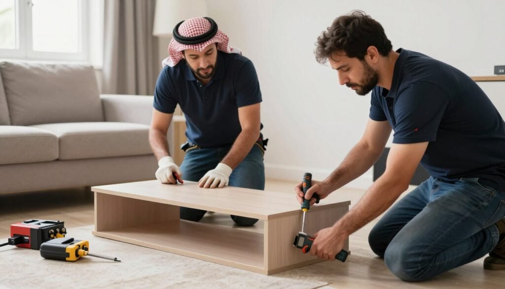 فنيون محترفون يقومون بفك وتركيب الأثاث بمعدات حديثة