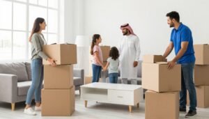 عائلة سعيدة بعد نقل ناجح للعفش في منزلهم الجديد