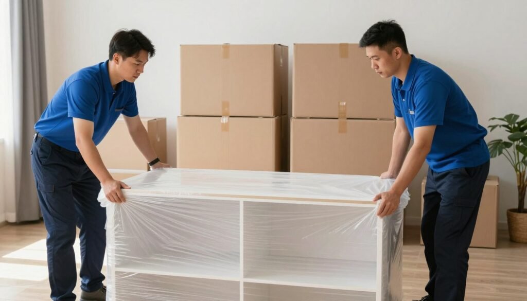عمال نقل عفش محترفون يقومون بتغليف الأثاث عمال نقل عفش محترفون يقومون بتغليف الأثاث
